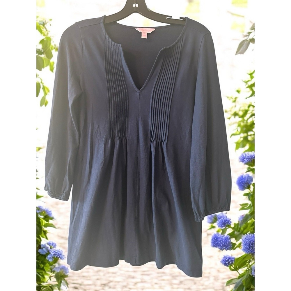 Lilly Pulitzer‎ Top Womens Size X Small XS Blue Pintuck Tunic Navy Shirt Knit